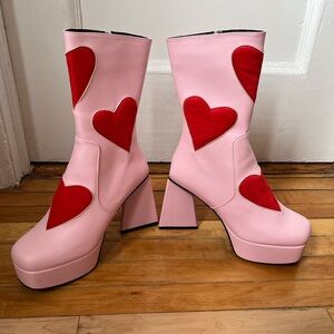 Dolls Kill Pink and Red Heart Heeled Boots
